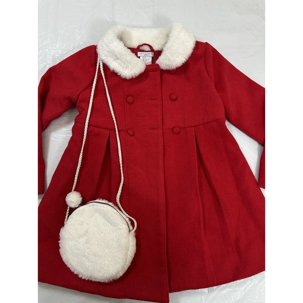 Max Studio Girls  Size 6 Red Swing Pea Coat With Faux Fur Purse.